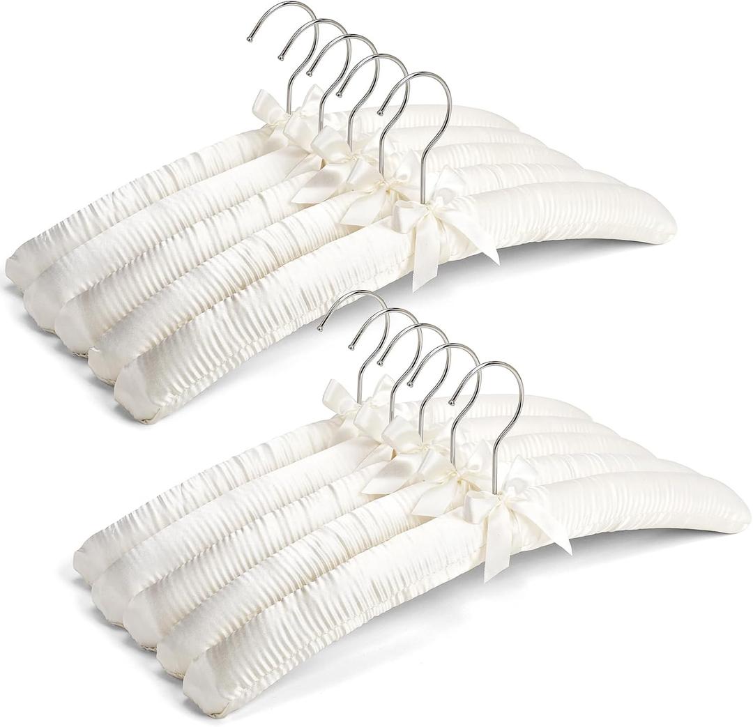 Amber Home 10 Pack Large Ivory Satin Padded Hangers, 17" Non-Slip Cushioned Hangers for Sweaters, Silk Dress, Wedding Dress, Bridal Gown, Cashmere, 17"W x 6.5"H x 1.6"D
