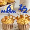24 Pieces Blue Glitter 6 Months Cupcake Topper, for Celebrating 1/2 Birthday Baby Shower Half Year Birthday Party Decorations Supplies