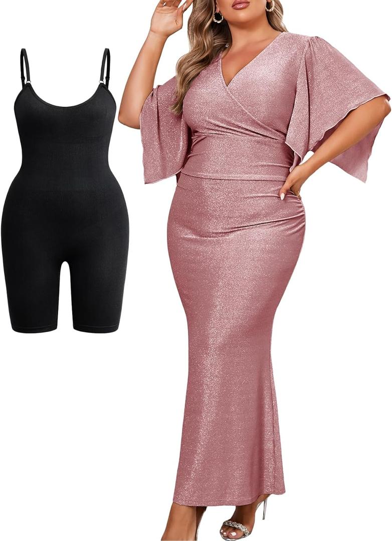 ZOMVA Plus Size Maxi Sparkly Dress Formal Evening Gown Cocktail Prom Glitter V-Neck Wrap Handkerchief Sleeves (Dusty Rose & Shapewear), 4XL