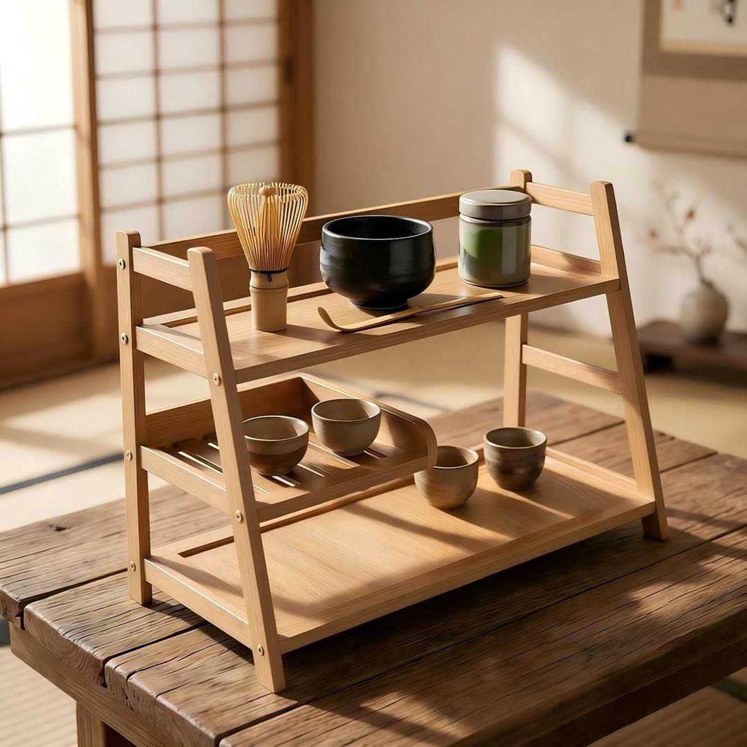 Lnncdsc 3 Tier Bamboo Matcha Station, coffee station organizer Shelf with Drawer for Kitchen Countertop, Tea Bar  Matcha Powder, Tools & Cup Organizer for Matcha Lovers, Home Baristas.