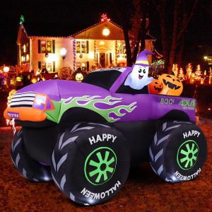 GOOSH 8 FT Long Halloween Inflatables Monster Truck Outdoor Decorations Blow Up Yard Cute Ghost with Pumpkin on Truck Car with Built-in LEDs for Garden Lawn Indoor Party Decor