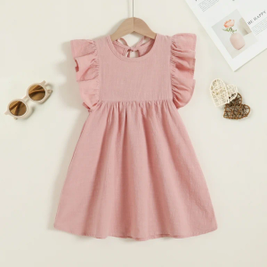 Toddlers and Baby Girls' Woven Ruffle Sleeve Dress (3T, Peach)