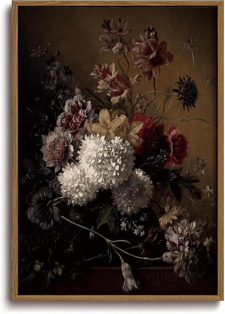 KISSFOX Vintage Framed Wall Art Decor Rustic Hydrangea Floral Pictures Wall Decor Dark Botanical Canvas Art Prints Moody Still Life Flowers Paintings Artwork For Bedroom Living Room Kitchen, 24"L x 16"W