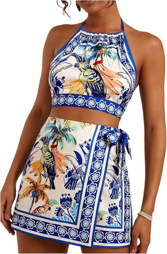 SweatyRocks Women's Tie Backless Tropical Print Halter Top and Shorts 2 Piece Vacation Outfits Blue Medium