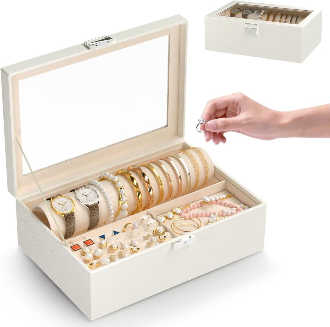 Jewelry Organizer Box with Clear Glass Lid, Bracelet Holder Jewelry Storage Case for Earrings, Rings, Bangles, Watches - PU Leather Jewelry Display Box Gifts for Women Girls, White