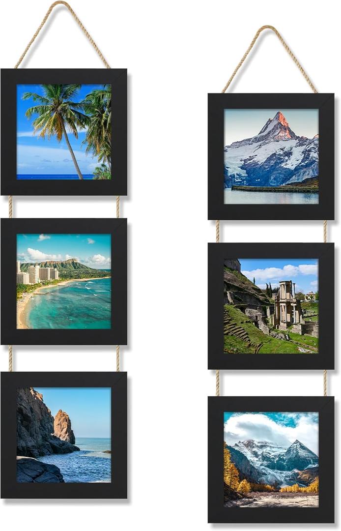 6x6 Collage Picture Frames Set of 2, Rustic Wooden Real Glass Vertical Hanging 3 Opening 6 by 6 Photo Frame, Black