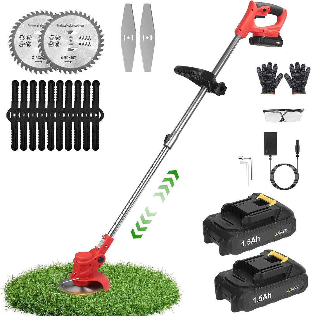 Cordless String Trimmer & Weed Eater, Electric Weed Wacker & Lawn Edger Tool Battery Powered with 3 Types of Blades, Lightweight Grass Trimmer with 2*21V Battery, Brush Cutter for Lawn Garden