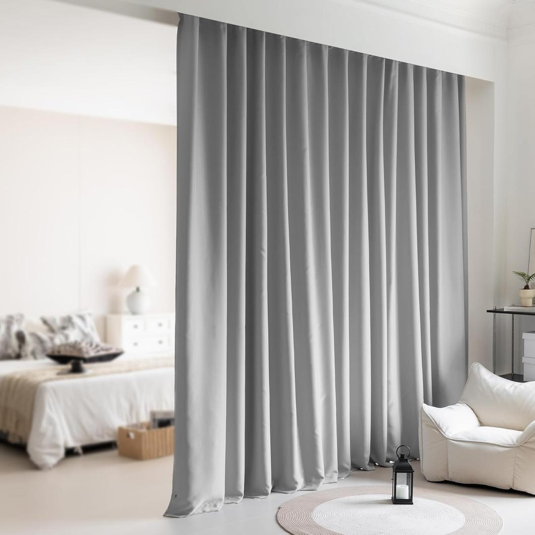 Room Divider Curtains,Back Tab Blackout Privacy Room Thermal Insulated Noise Reduction Theater Curtain for Bedroom and Living Room Ceiling Track Curtain (1Panel, Grey, W15ft x H8ft)
