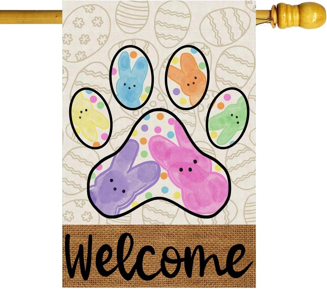 Welcome Easter Dog Paw Colorful Dots Cute Bunny Eggs Spring House Flag Large Burlap 28X40 Inch Vertical Double Sided Outside Yard Holiday Outdoor Farmhouse Decoration