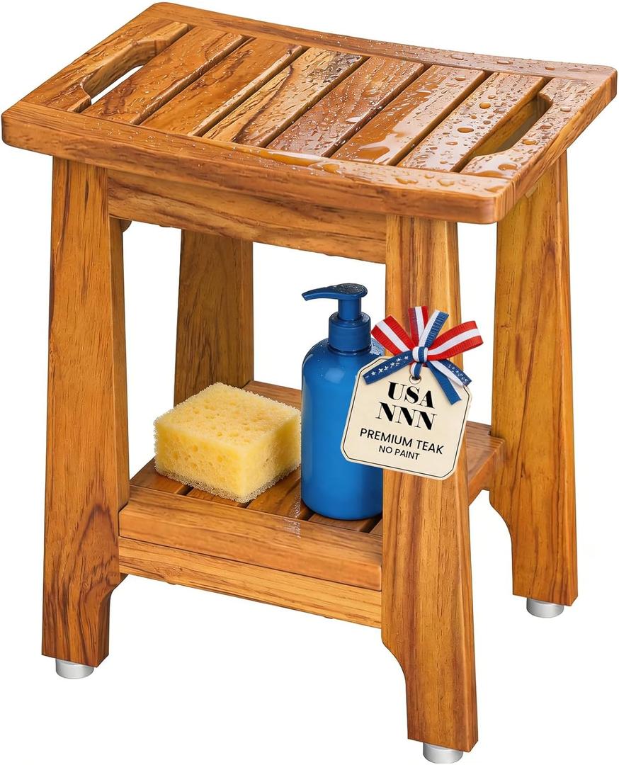 NNN 24" Home Teak Shower Bench with Japan-Made Non-Slip Leveling Feet