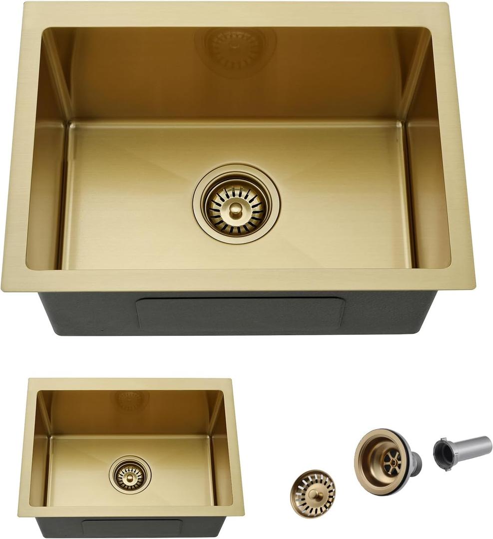 Undermount Gold Kitchen Sink, 22x16 Inch Undermount Kitchen Sink Gold Utility Sinks Stainless Steel 18 Gauge Single Bowl Wet Bar Sinks with Basket Strainer