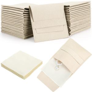 120 Pcs Microfiber Jewelry Pouch 8x8cm Packaging Bag Luxury Gift Fixed Strap Envelope Style Packaging with Cleaning Cloth(Beige)