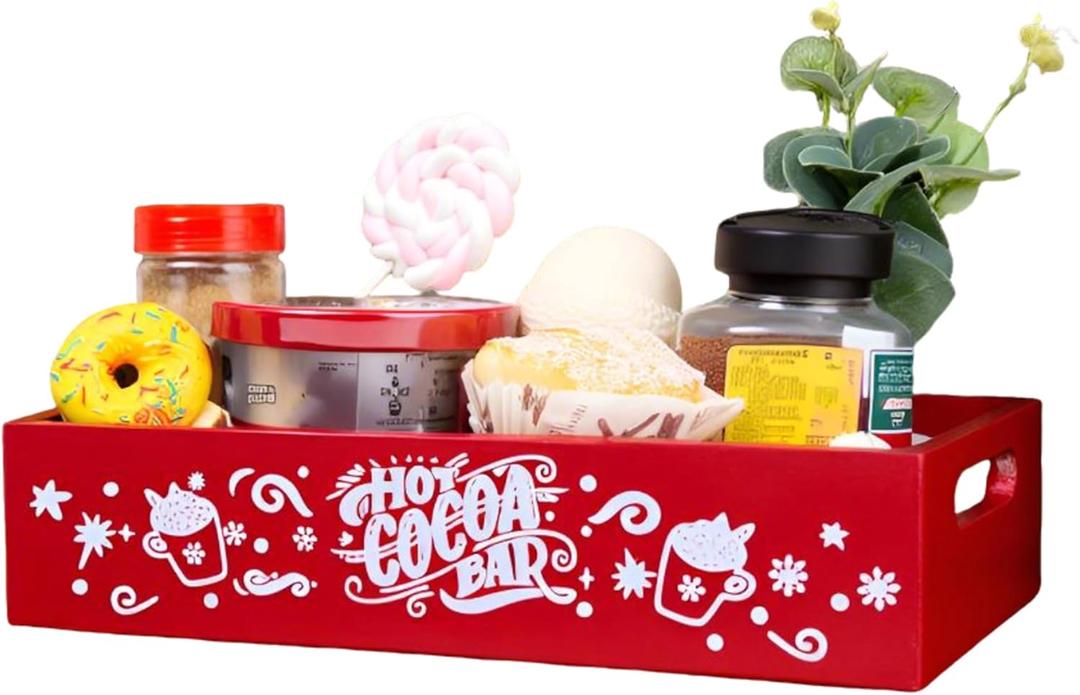Hot Cocoa Bar Wooden Christmas Decor Boxes - Hot Cocoa Bar Containers Hot Chocolate Bar for Storage Caddy Chocolate Coffee - Classic Christmas Decor for Home Office - WB0012 (13.8L x 5.9W x 3.14H, Red)