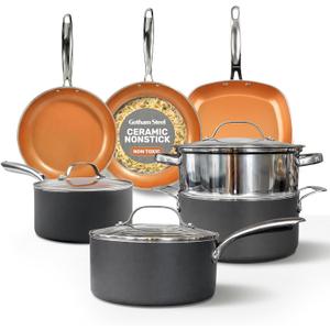 Gotham Steel 12 Pc Ceramic Cookware Set Nonstick, Ceramic Pots and Pans Set Non Stick with Steamer for Cooking, Non Toxic PFOA PFOS Free, Ergonomic Stay Cool Handles, Oven & Dishwasher Safe, Copper
