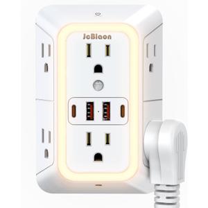Wall Outlet Extender with Night Light, Power Plug Adapter Multi Plug Outlet Surge Protector with 4 USB Charging Ports (2 USB C), Adapter Spaced Outlets for Home Travel Office