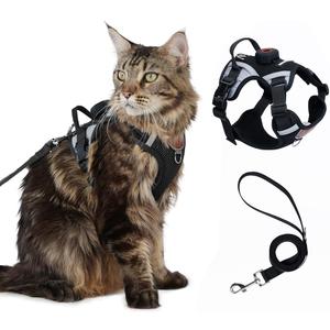 Cat Harness Leash Set with AirTag Holder, Upgraded Escape Proof Vest with Lead for Large Cat Small Dog Puppy Outdoor Walking, Soft Breathable Mesh Jacket with Reflective Strip (Black, L)