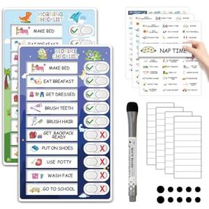 Upgraded 2 in 1 Bedtime/Morning Routine Chart for Kids Toddlers, Magnetic Chore Chart for Kids, Cute Visual Schedule for Kids Schedule Board for Home, Kids Checklist to Do List ADHD Tools for Kids Dinosaur