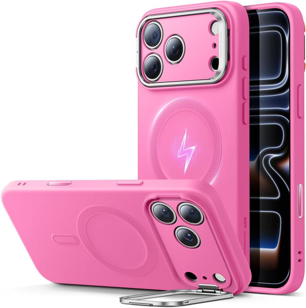 ESR Silicone Case for iPhone 17 Pro Max, Built-in Camera Stash Stand Compatible with MagSafe, Military-Grade Drop Protection Magnetic Phone Case for iPhone 17 Pro Max, Cloud Series, Rosy Pink