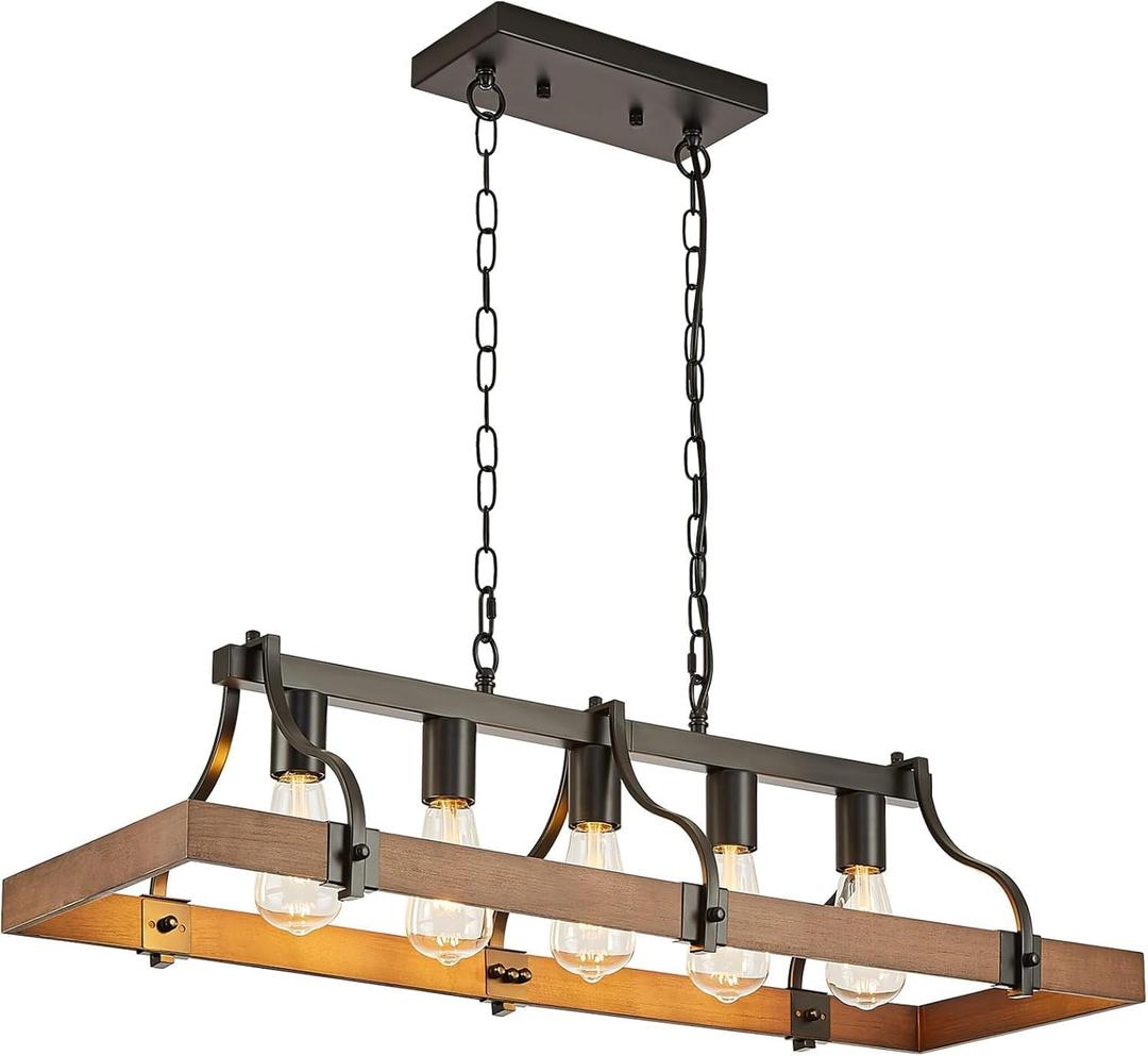 Farmhouse Chandeliers for Dining Room, 5-Light Rustic Kitchen Island Light Fixture, Wood Linear Industrial Black Rectangular Ceiling (Brown)