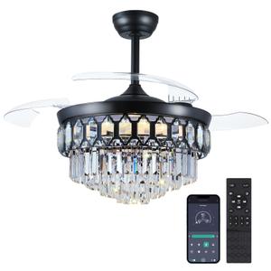 Asyko 48" Black Crystal Retractable Chandelier Ceiling Fan with Lights