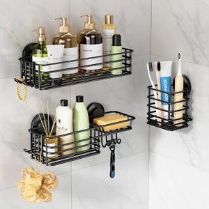 LEVERLOC Shower Caddy Suction Cup, 3 Pack Heavy Duty Bathroom Organizer for Inside Shower with Hooks & Soap Holder, Removable Bathroom Organizer, Rustproof Black Holder Storage Black