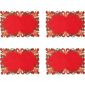 AMARED Christmas Embroidered Placemats Set of 4, Cutwork Green Leaves Holiday Table Mats for Home Decorations 12 X 17 Inch