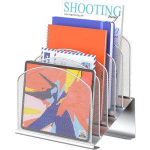 Inclined Desk File Organizer, 5-Section Vertical File Folder Holder Stand Metal Rack File Sorter for Office Classroom Desktop Organization (Silver, 1Pack)
