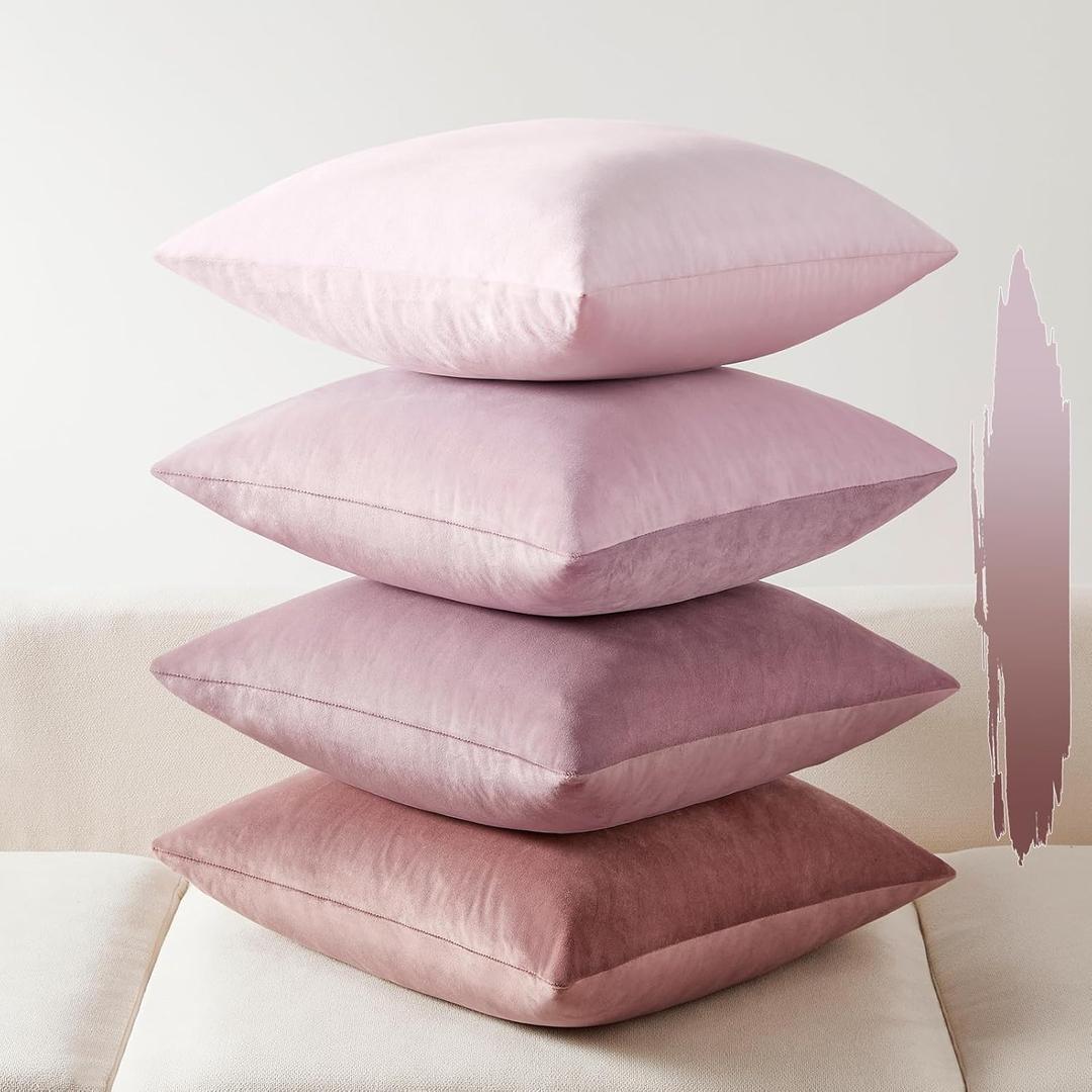 Softalker Throw Pillow Covers Set of 4, Velvet Soft Solid Colors Pillow Covers 16x16 Inch, Decorative Cushion Pillow Case for Couch Sofa Bedroom Living Room (Light Pink)