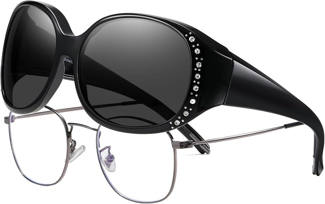 HAOLOTA Women's Polarized Fit Over Sunglasses with Rhinestone, Sun Glasses for Prescription Glasses UV400 Protection