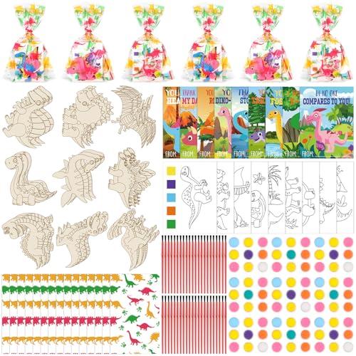 Pasimy 162 Pcs Dinosaur Party Favors Craft Kits Jurassic Party Supplies Dino Birthday Painting Kit Watercolor Card Wooden Cutouts Dinosaur Goodie Bag for Tropical Jungle DIY Project Activities(Dino)