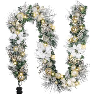 Valery Madelyn 9 Feet Pre-Lit Christmas Garland with Lights for Mantle, Lighted Outdoor Xmas Garland with White Gold Balls & Magnolia for Home Stairs Fireplace Table Centerpiece Indoor Holiday Decor