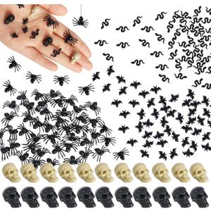 Hiawbon Mini Plastic Skull Heads Bats Snake, Realistic Spider, Fake Halloween Figurines for Fairy Garden