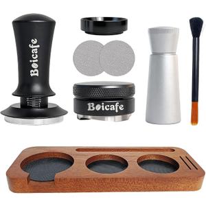 8 PCS Espresso Accessories Kit, 51mm Spring Loaded Espresso Tamper Kit with Wood Espresso Tamping Station, WDT, Stainless Steel Distributor, Dosing Funnel, 2 Puck Screen, Brush (51mm)