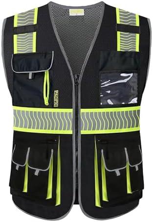 PACIFIC PPE 10 Pockets Class 1 Safety Vest for Men, 3M High Visibility Reflective Strips, Meets ANSI/ISEA Standard, Black, Medium