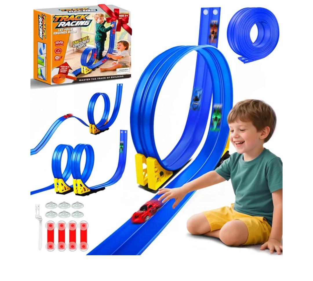 Nicmore Flexible Race Track Toy Set: 15ft DIY Bendable Ramp with Suction Cups – Portable Roll-Up Car Track for Kids Compatible with 1:64 Diecast Cars – Birthday Christmas for Boys Girls Ages 3+