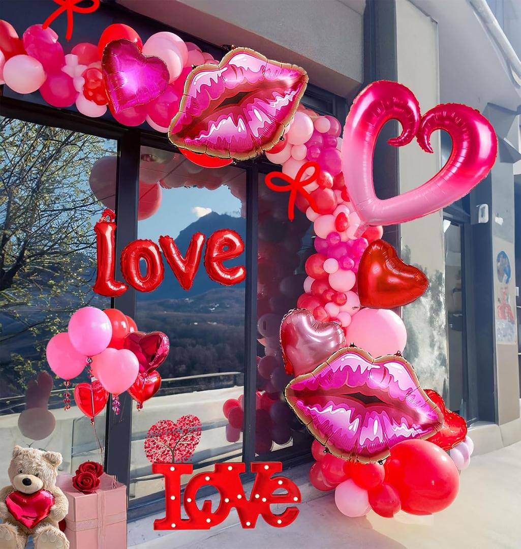 Valentines Day Balloon garland arch Kit with Red Pastel Pink balloons and love letter lips large heart mylar balloons for Women Girls birthday party Galentine's Valentine's Day decorations
