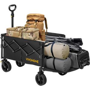 VIVOHOME 130L Collapsible Wagon with Tailgate, 320lb Load-Bearing Outdoor Utility with All-Terrain Wheels, Adjustable Handle, Cup Holders for Camping, Shopping, Garden, Sports, Picnic, Black