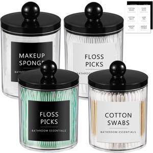 SheeChung 4 Pack Acrylic Qtip Holder Dispenser,Bathroom Jars with Lid Set for Cotton Swabs,Balls,Pads,Floss,Clear Plastic Canisters Apothecary Jar,Bathroom Essential Makeup Vanity Organizer(10oz-12oz)