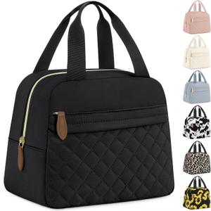 Insulated Lunch Bag for Women, Portable Lightweight Lunch Box for Adults, Reusable Small Lunch Tote Cooler Bags with Front Zipper Pocket for Work School Picnic(Black)