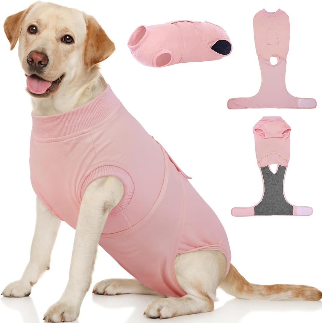Kuoser Dog Surgery Suit Female Spay, Dog Recovery Suit Male Neuter, Pet Clothes Onesie for Surgery Anti Licking Abdominal Wounds Puppy Surgical Recovery Bodysuit Shirt, Substitute E-Collar & Cone, Pink (XL (Back:20.1-24.8'', Weight:42-75 Lb)