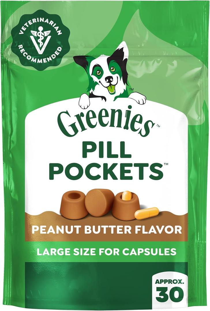 Greenies Pill Pockets for Dogs Large Size, Dog Treat Pouch for Capsule Medication, Peanut Butter Flavor, 7.9 oz. Pouch (30 Count (Pack of 1)), BBD: MAY 30/2026