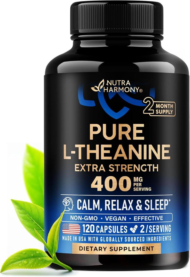 L Theanine 400 mg | L-Theanine Stress Relief | Extra Strength Supplement | Lab Tested | Relaxation, Sleep & Calm Support | For Men & Women | Plant Based, Non-GMO & Gluten-Free | 120 Vegan Capsules (EXP 01/28)