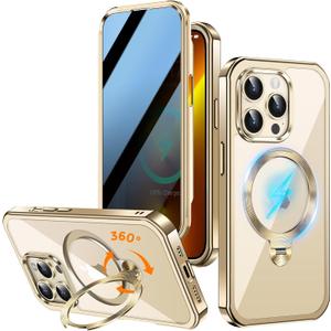 Upholyee [360 Rotatable CD Stand & Built-in Privacy Screen Magnetic Case for iPhone 13 Pro [Compatible with MagSafe & Full Signal] Mil-Grade Shockproof Full Body Anti-Spy Cover for 13 Pro-Gold