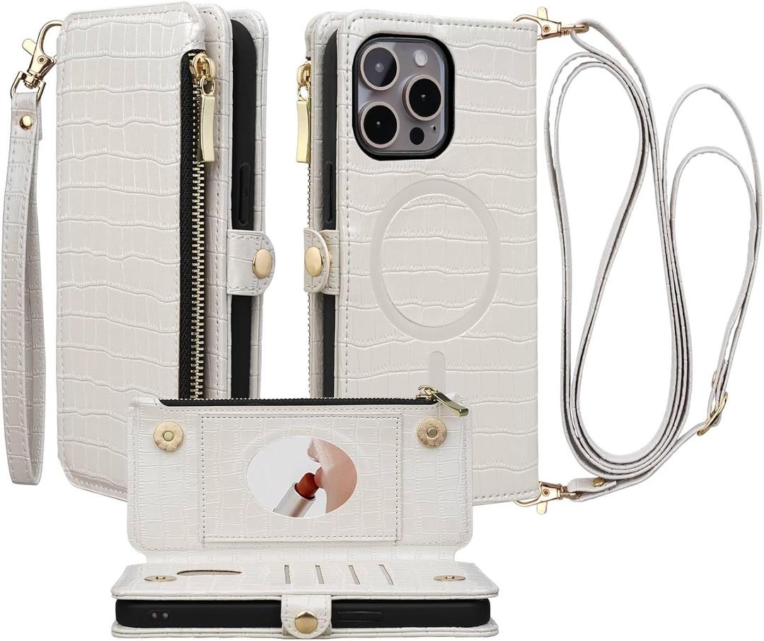 Crossbody Wallet Case for iPhone 15 Pro Max with Mirror, Wrist Strap, Zipper Purse Magnetic Flip RFID Blocking Card Holder, Wireless Charging, PU Leather Shockproof 6.7" Women (White)