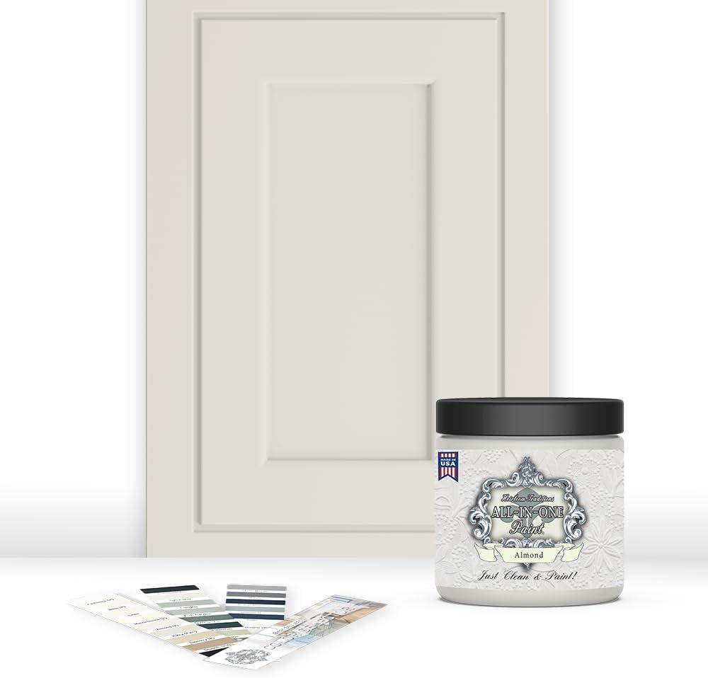 ALL-IN-ONE Paint by Heirloom Traditions, Almond (off white with tan undertone), 8oz Sample - Durable cabinet and furniture paint. Built in primer and top coat, no sanding needed. Includes our 30