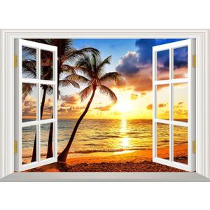 Beach Fake Window Wall Sticker Mural Wall Decal Stick and Peel - 48"x32"