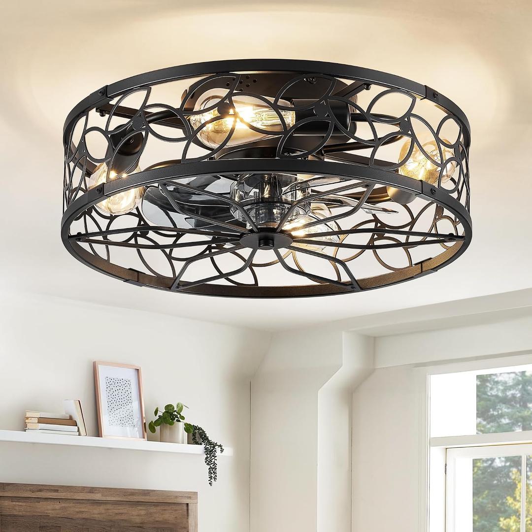 LEDIARY Caged Ceiling Fans with Lights, Black Flush Mount Ceiling Fan with Remote&App, Small Low Profile Bladeless Ceiling Fan Light Fixture for Bedroom, Kitchen, Dining Room., Medium