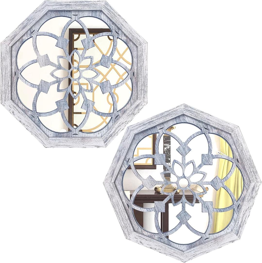 ZOLAPI 2 PCS Octagon Wall-Mounted Mirrors,Vintage Farmhouse Mirror for Wall Decor,Rustic White Color Decorative Accent Mirror for Foyer, Bathroom, Bedroom. (12x12)