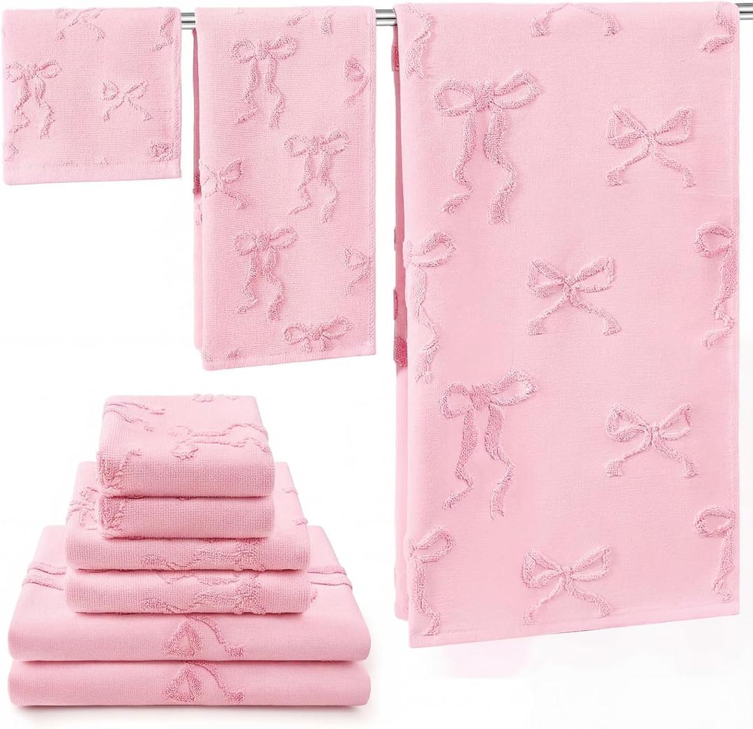 Peryiter 6 Pack Cotton Pink Bow Towels, Gifts for Mother's Day, Soft Absorbent Bath Towel Set, Cute Bathroom Decor, 2 Bath Cloth 2 Hand Towels 2 Washcloths