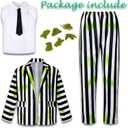 Halloween Black and White Striped Blazer Suit for Men Tie Shirt Green Face Sticker Outfit Costume (L)